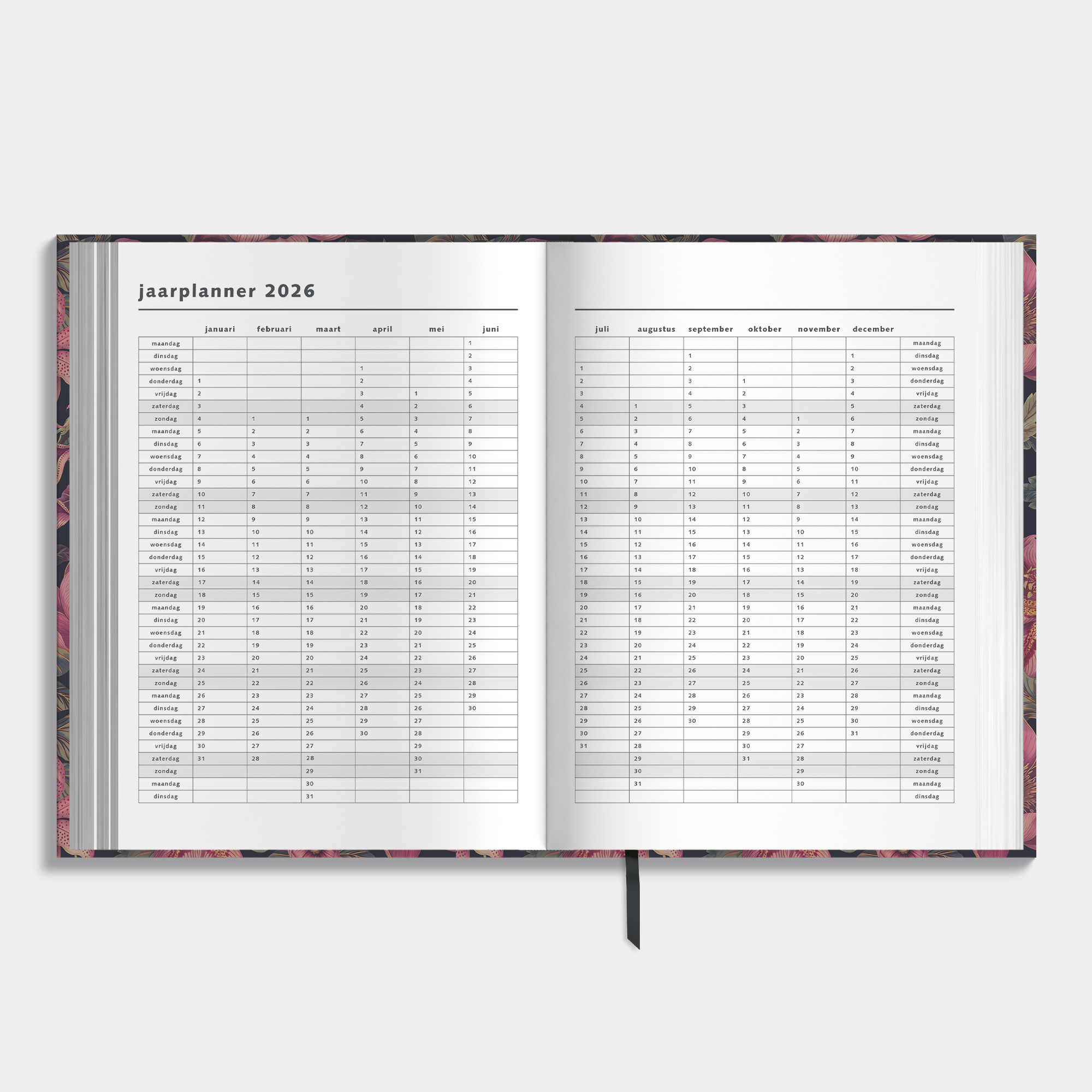 A4 planner 2026 met klassieke print van lelies, passiebloemen en pioenen in rode tinten – binnenwerk met jaarplanner.