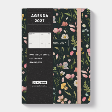 A5 agenda 2027 met een print van aquarel bloemetjes op een donkere achtergrond, met een harde cover en elastische sluiting – vooraanzicht met informatieve banderol.