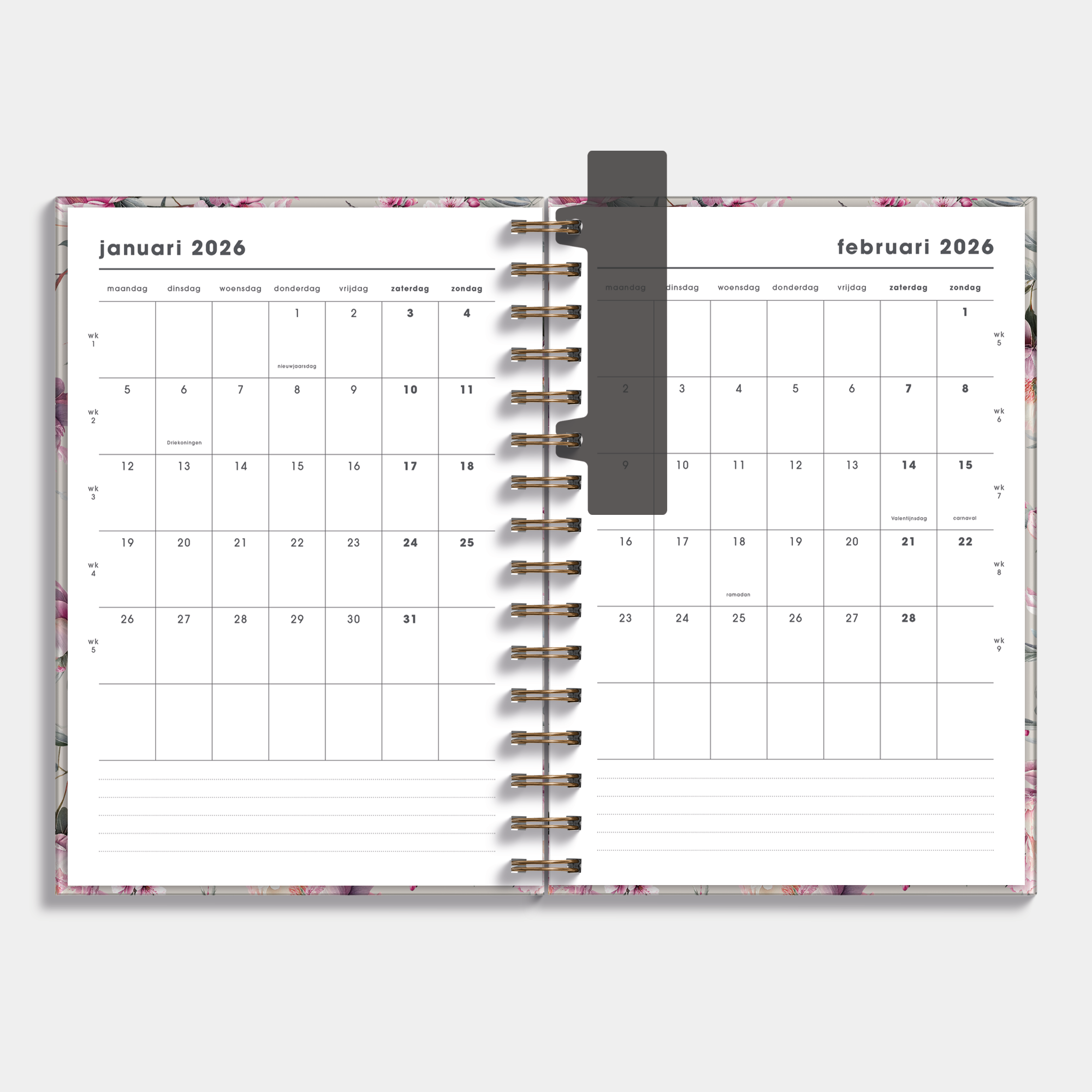 spiraalgebonden planner 2026 in A5 met kersenbloesemprint – binnenwerk met maandplanner.