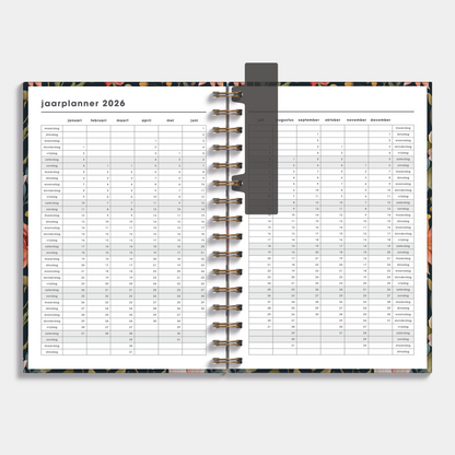 spiraalgebonden planner 2026 in A5 met vintage bloemenprint – binnenwerk met jaarplanner.