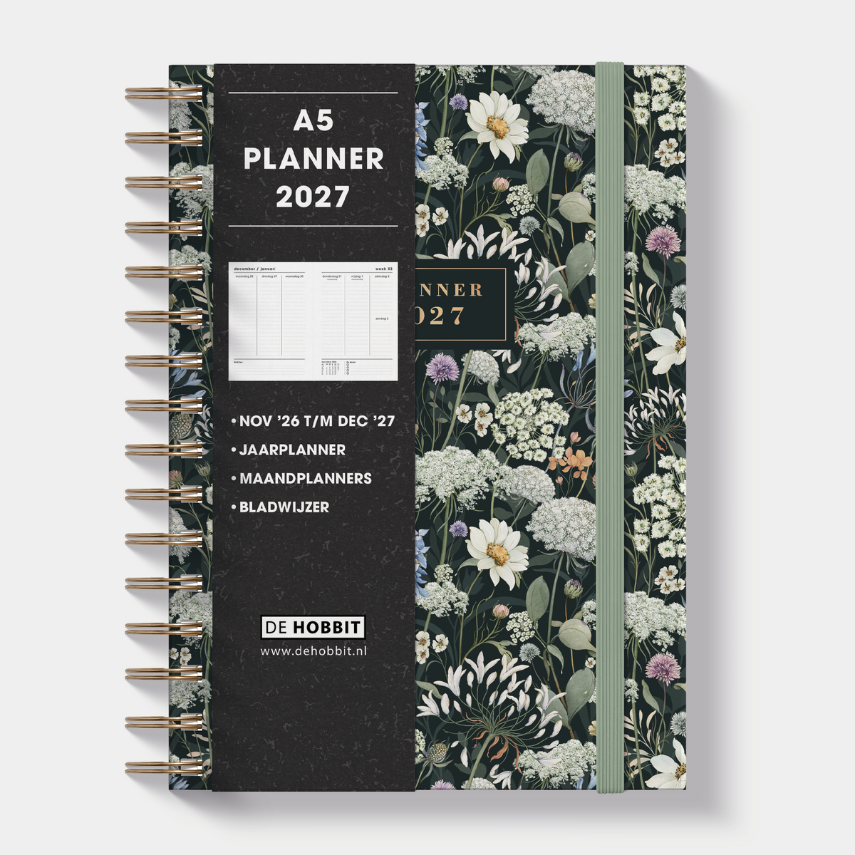 spiraalgebonden planner 2027 in A5 met weidebloemen print – vooraanzicht met informatieve banderol.