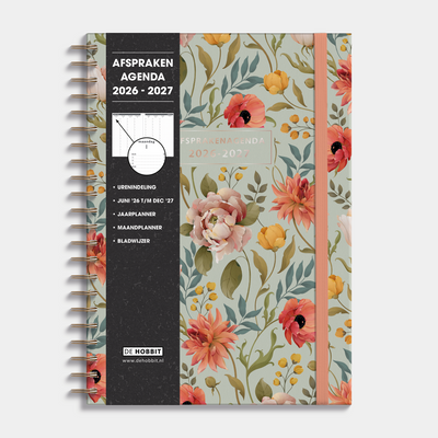 Afsprakenagenda 2026-2027 A4 met vintage print van bloemen, harde cover en elastische sluiting – vooraanzicht met informatieve banderol.