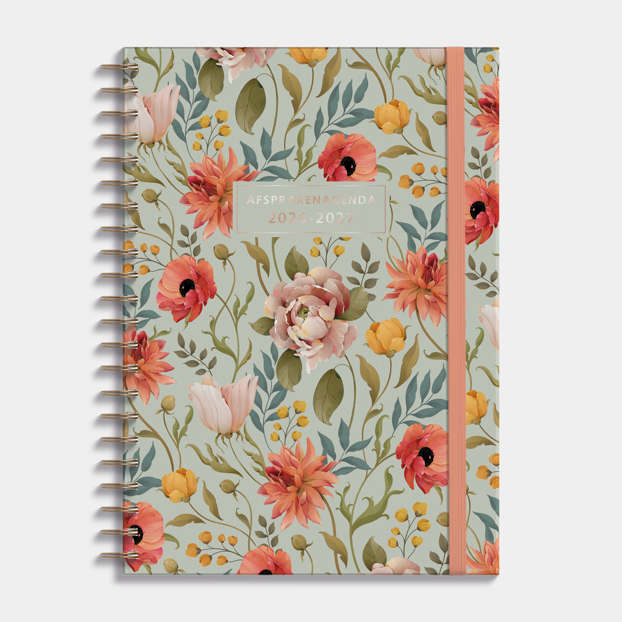 Afsprakenagenda 2026-2027 A4 met vintage print van bloemen, harde cover en elastische sluiting – vooraanzicht.