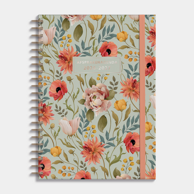 Afsprakenagenda 2026-2027 A4 met vintage print van bloemen, harde cover en elastische sluiting – vooraanzicht.
