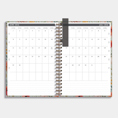 Afsprakenagenda 2026-2027 A4 met vintage print van bloemen, harde cover en elastische sluiting – maandplanner.