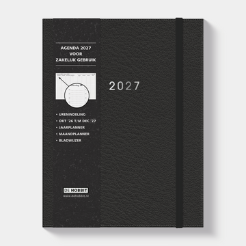 A4 afsprakenagenda 2027 met zwarte lederlook afwerking – vooraanzicht met informatieve banderol.