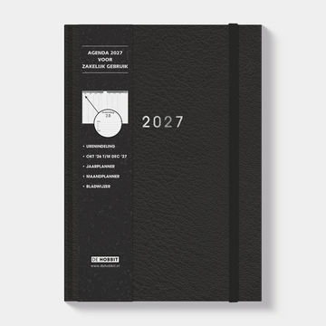 A4 afsprakenagenda 2027 met zwarte lederlook afwerking, harde cover en elastische sluiting – vooraanzicht met informatieve banderol.