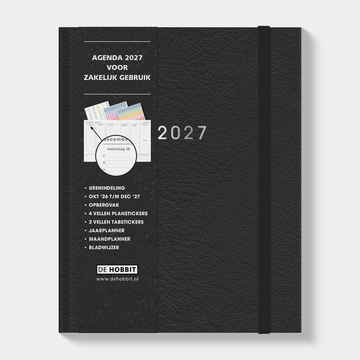 Afsprakenagenda 2027 in het A5+ formaat met zwarte lederlook afwerking, harde cover en elastische sluiting – vooraanzicht met informatieve banderol.