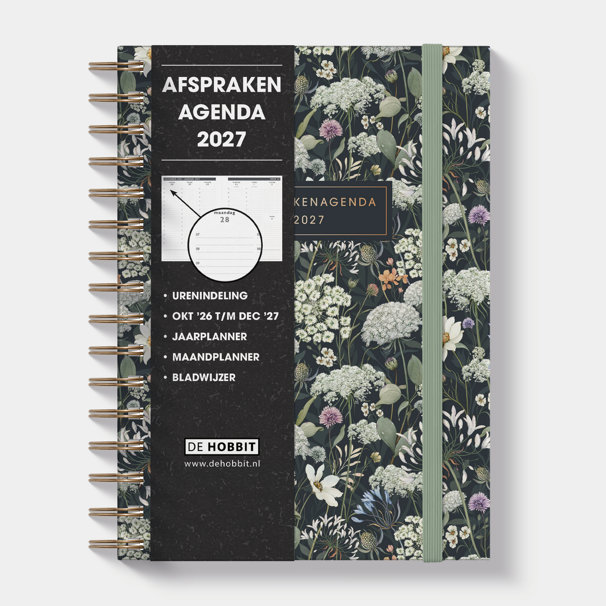 afsprakenagenda 2027 in A5-formaat met weidebloemen print, met een harde cover, spiraalbinding en elastische sluiting – vooraanzicht met informatieve banderol.