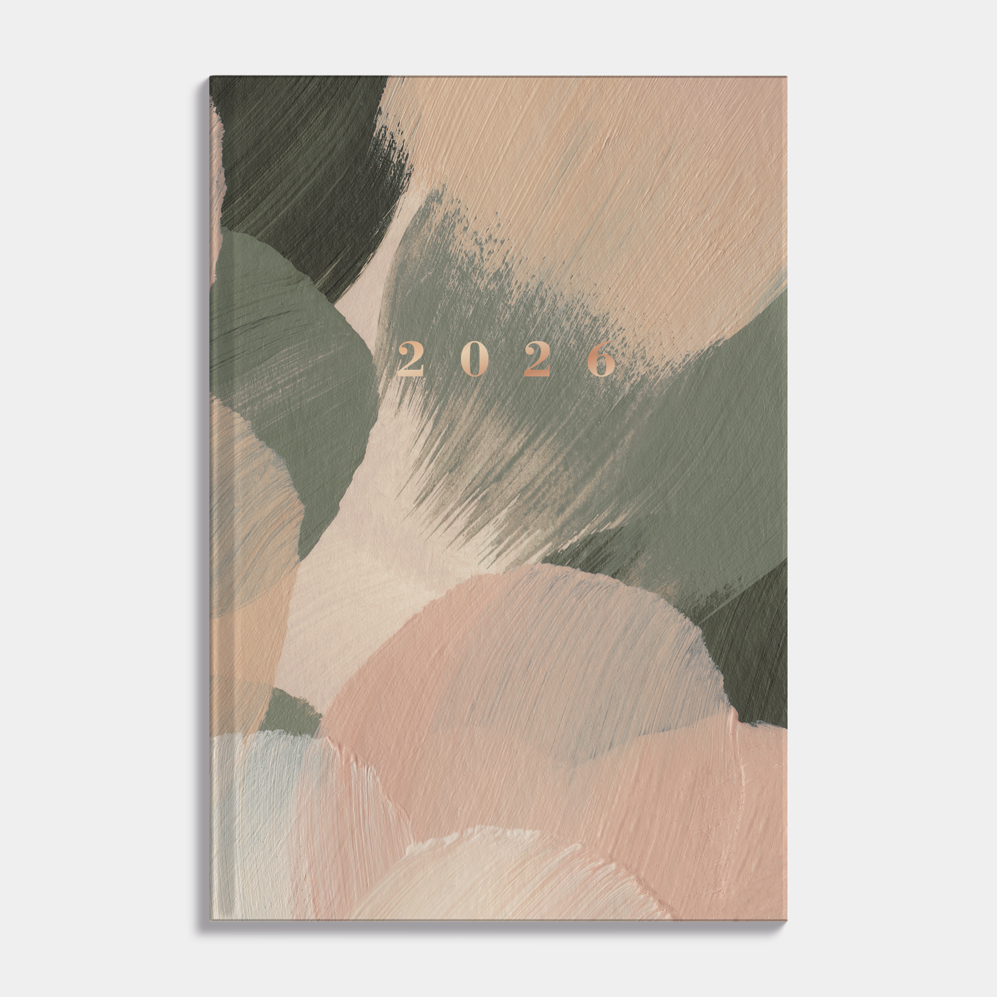 Basic agenda 2026 met harde kaft die is voorzien van verfstreken in olijfgroene en warme bruine tinten – vooraanzicht.