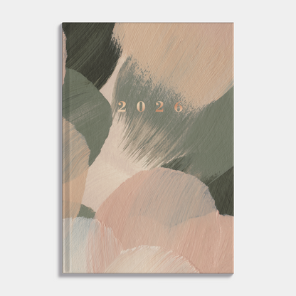 Basic agenda 2026 met harde kaft die is voorzien van verfstreken in olijfgroene en warme bruine tinten – vooraanzicht.
