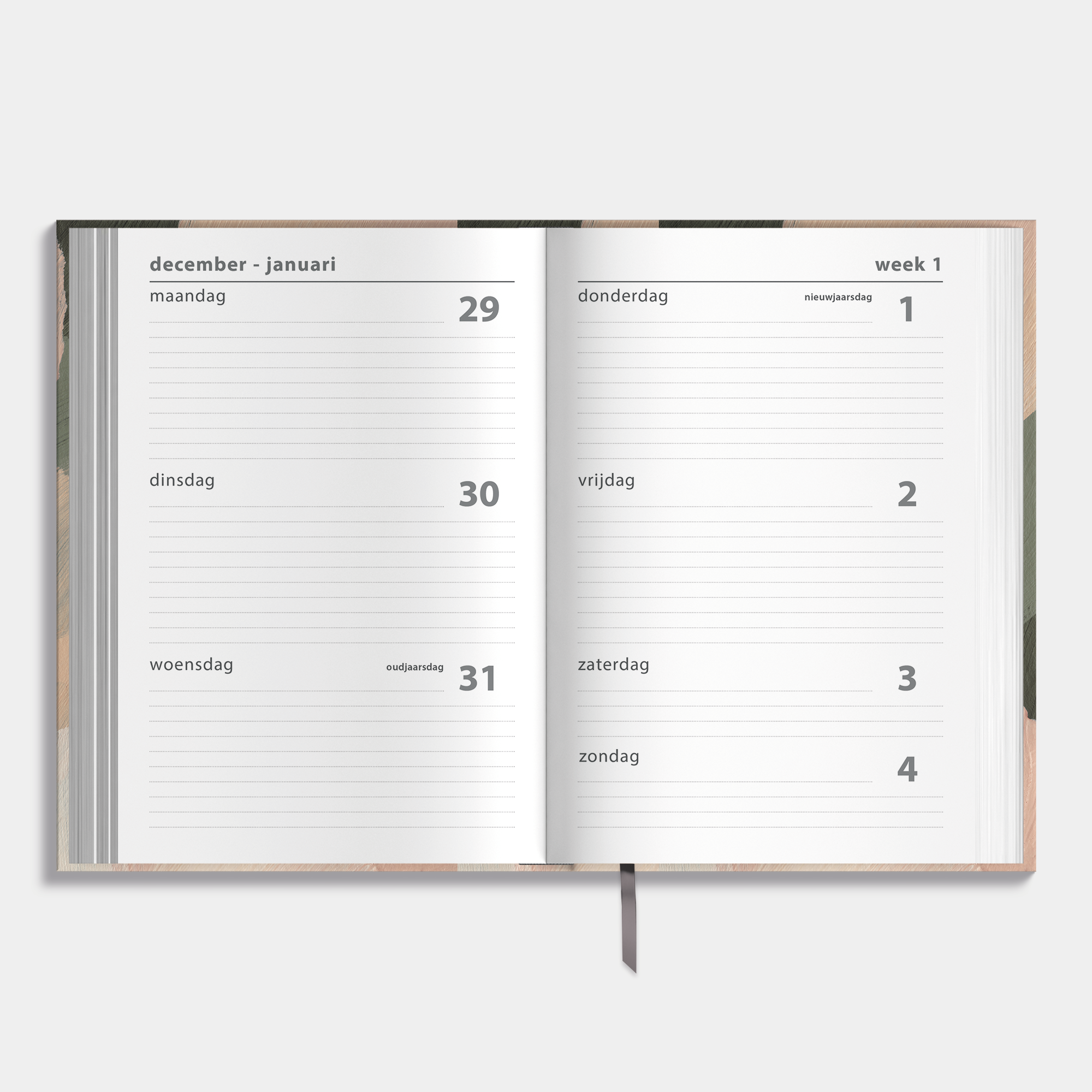 Basic agenda 2026 met harde kaft die is voorzien van verfstreken in olijfgroene en warme bruine tinten – binnenwerk met weekoverzicht.