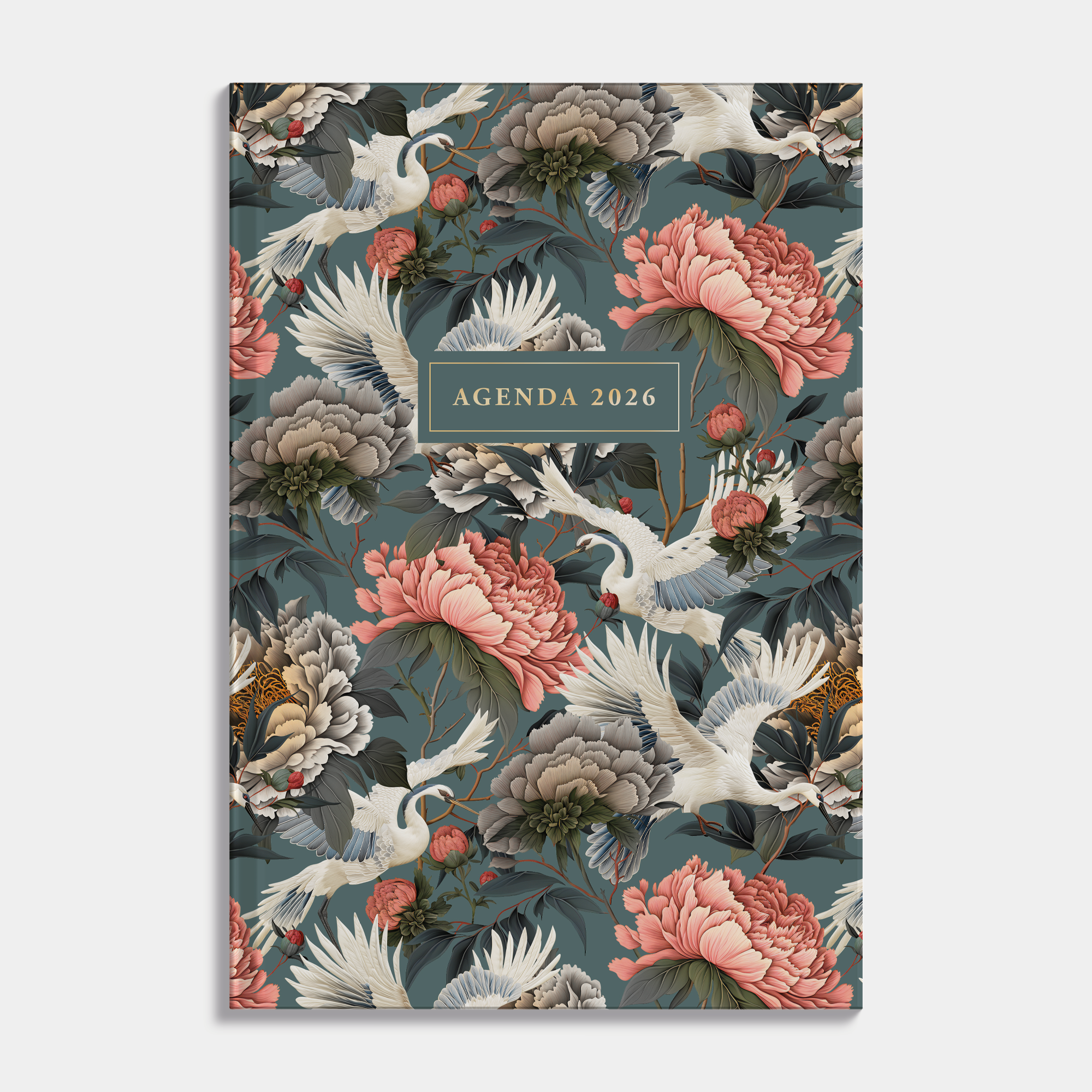 basic agenda 2026 met harde kaft die is voorzien van een chique dessin van kraanvogels en pioenen – vooraanzicht.