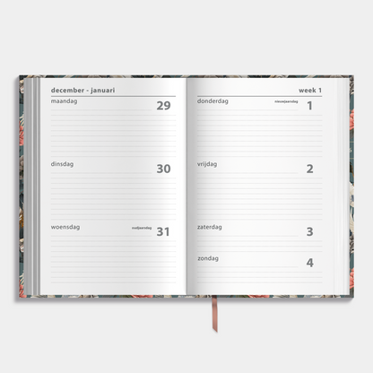 basic agenda 2026 met chique kraanvogels en pioenen – binnenwerk met weekoverzicht.