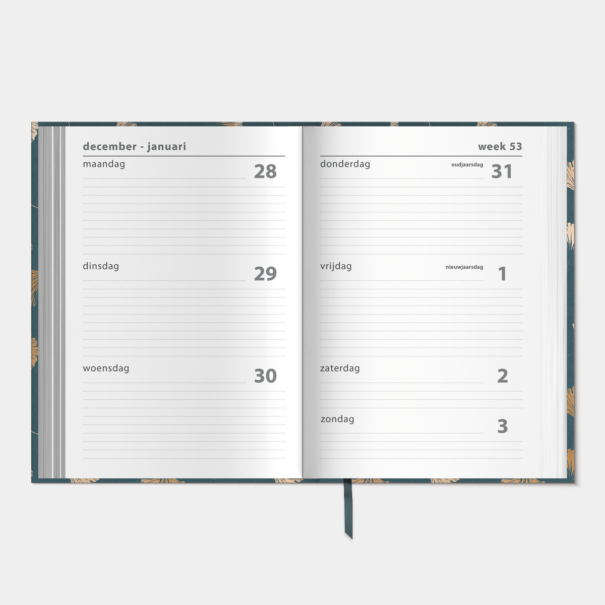 Basic agenda 2027 met motief van ginkgo bladeren in glanzende goudfolie – binnenwerk met weekoverzicht.
