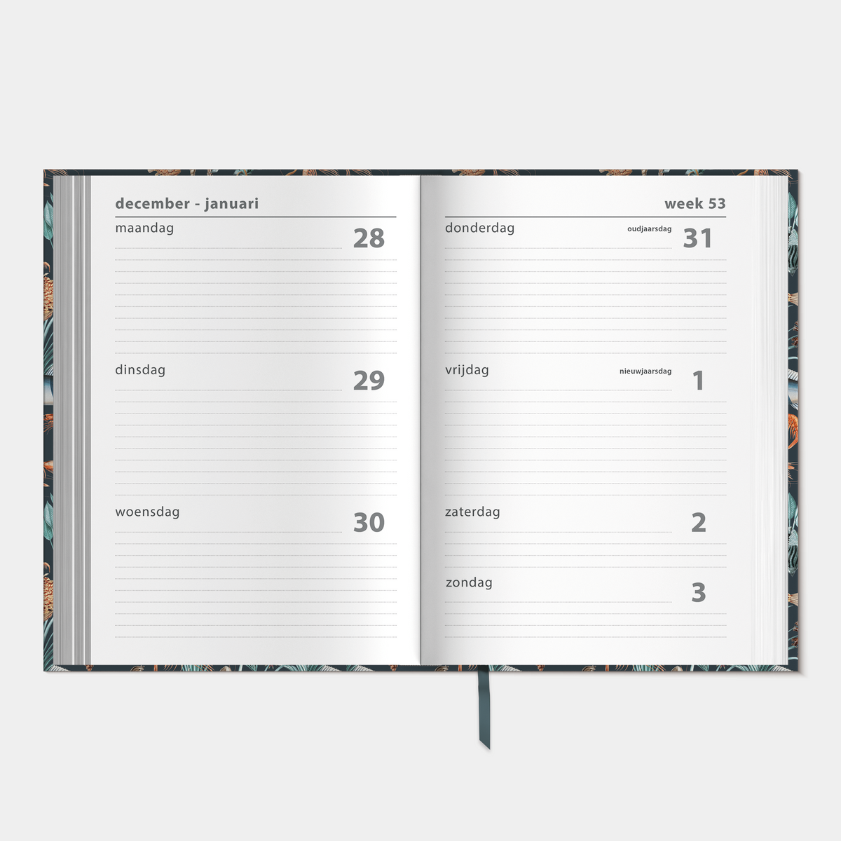 Basic agenda 2027 met een print van schelpen, zeedieren en -planten – binnenwerk met weekoverzicht.