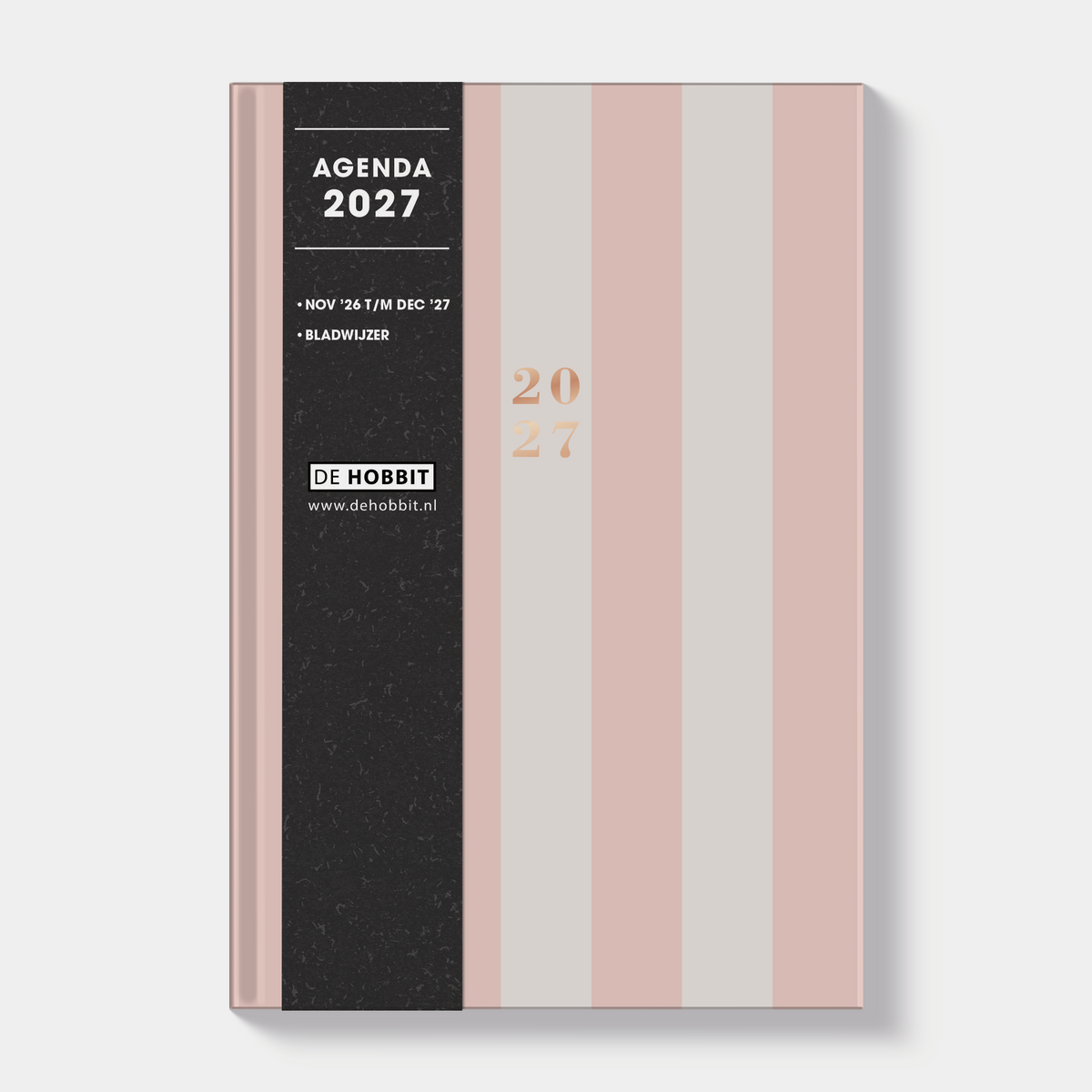 Basic agenda 2027 met harde kaft die is voorzien van pastelroze verticale strepen – vooraanzicht met informatieve banderol.
