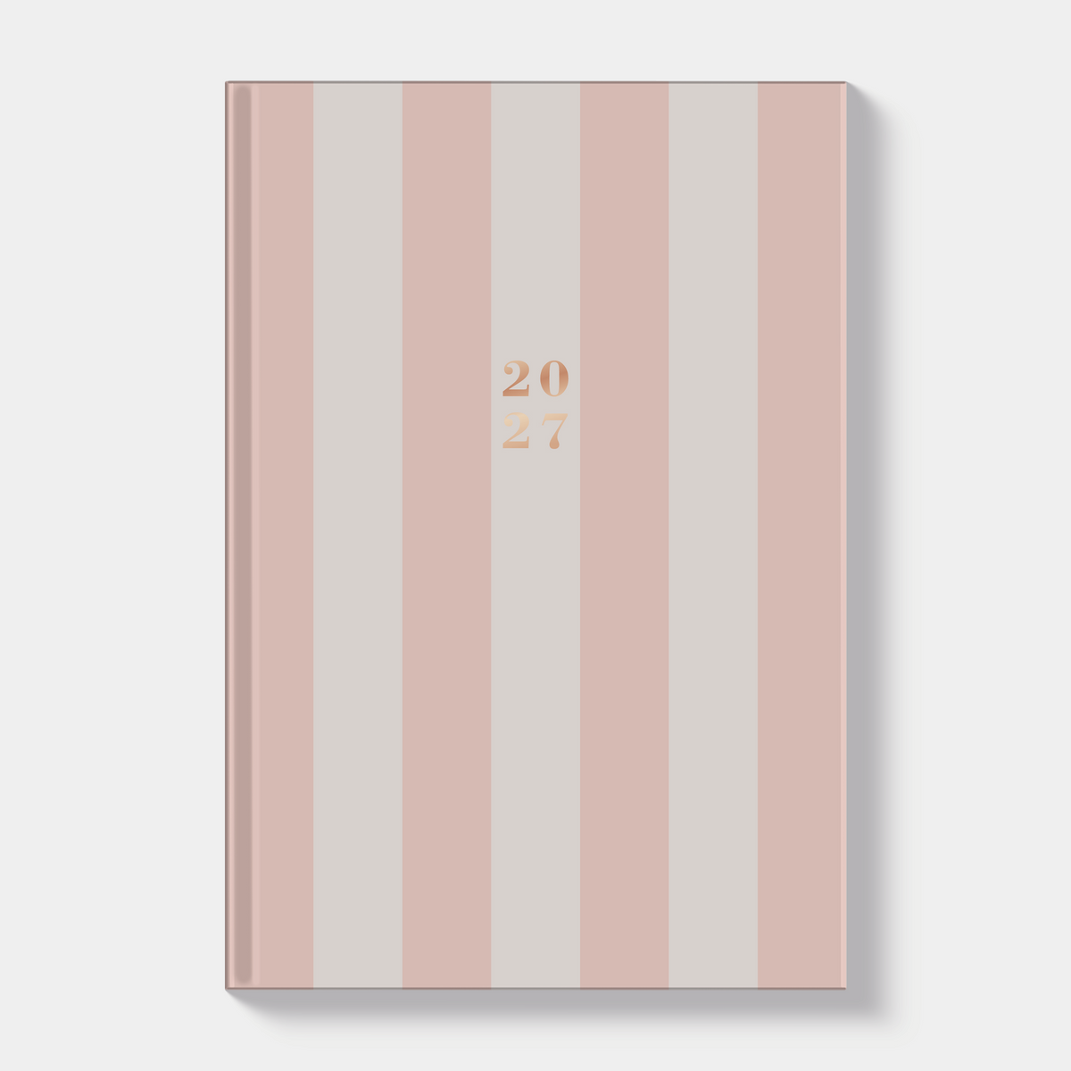 Basic agenda 2027 met harde kaft die is voorzien van pastelroze verticale strepen – vooraanzicht.