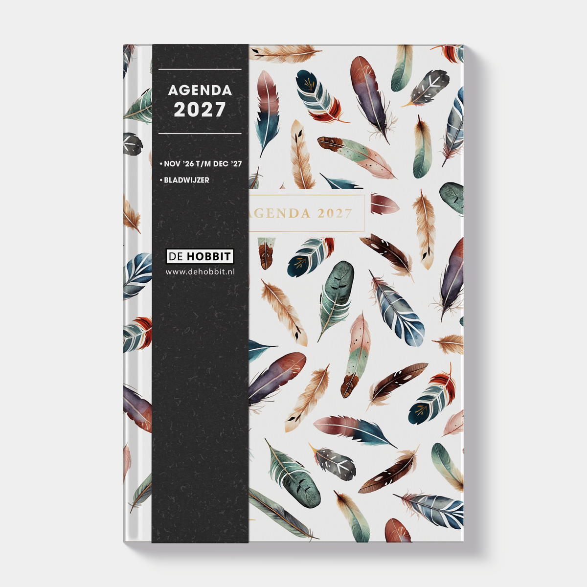 Basic agenda 2027 met motief van kleurrijke veertjes – vooraanzicht met informatieve banderol.