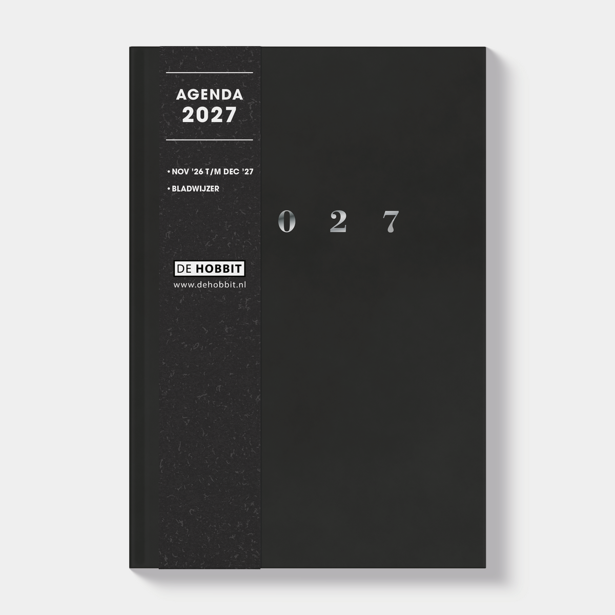 Basic agenda 2027 met harde zwarte cover en zilverfolie opdruk – vooraanzicht met informatieve banderol.
