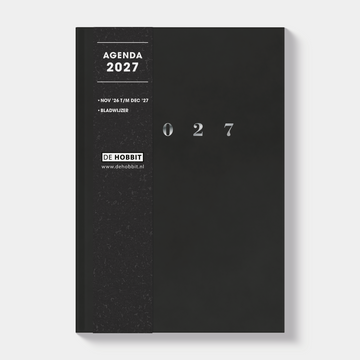Basic agenda 2027 met harde zwarte cover en zilverfolie opdruk – vooraanzicht met informatieve banderol.