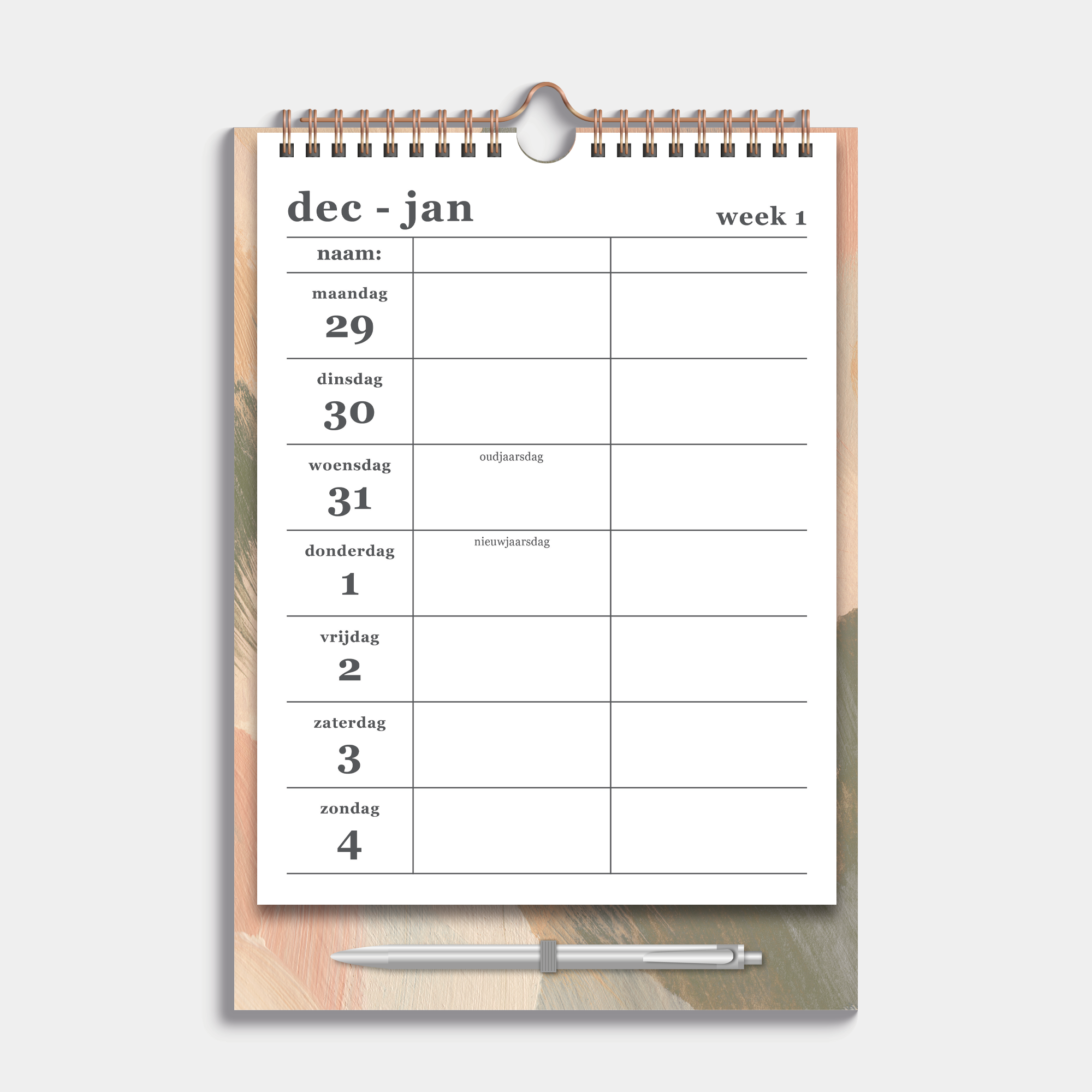 Duoplanner 2026 A4 met een dessin van abstracte verfstreken op een kartonnen bord met pen – weekoverzicht.