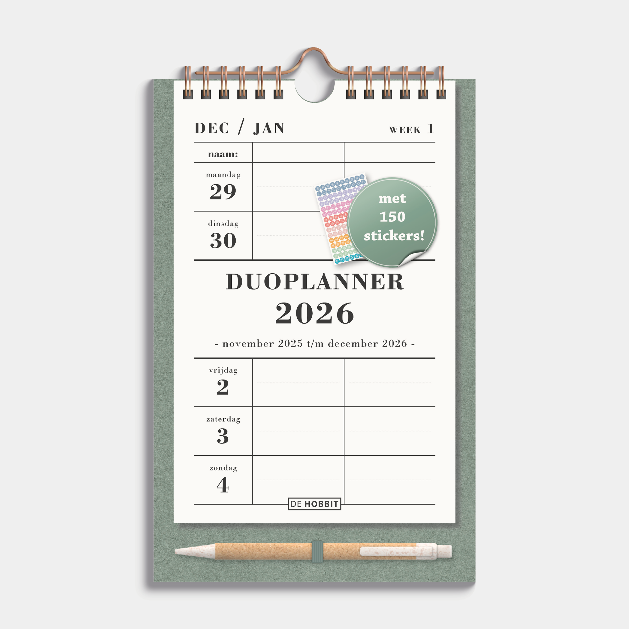 Duoplanner 2026 A5 met een groen kartonnen bord met pen – vooraanzicht.