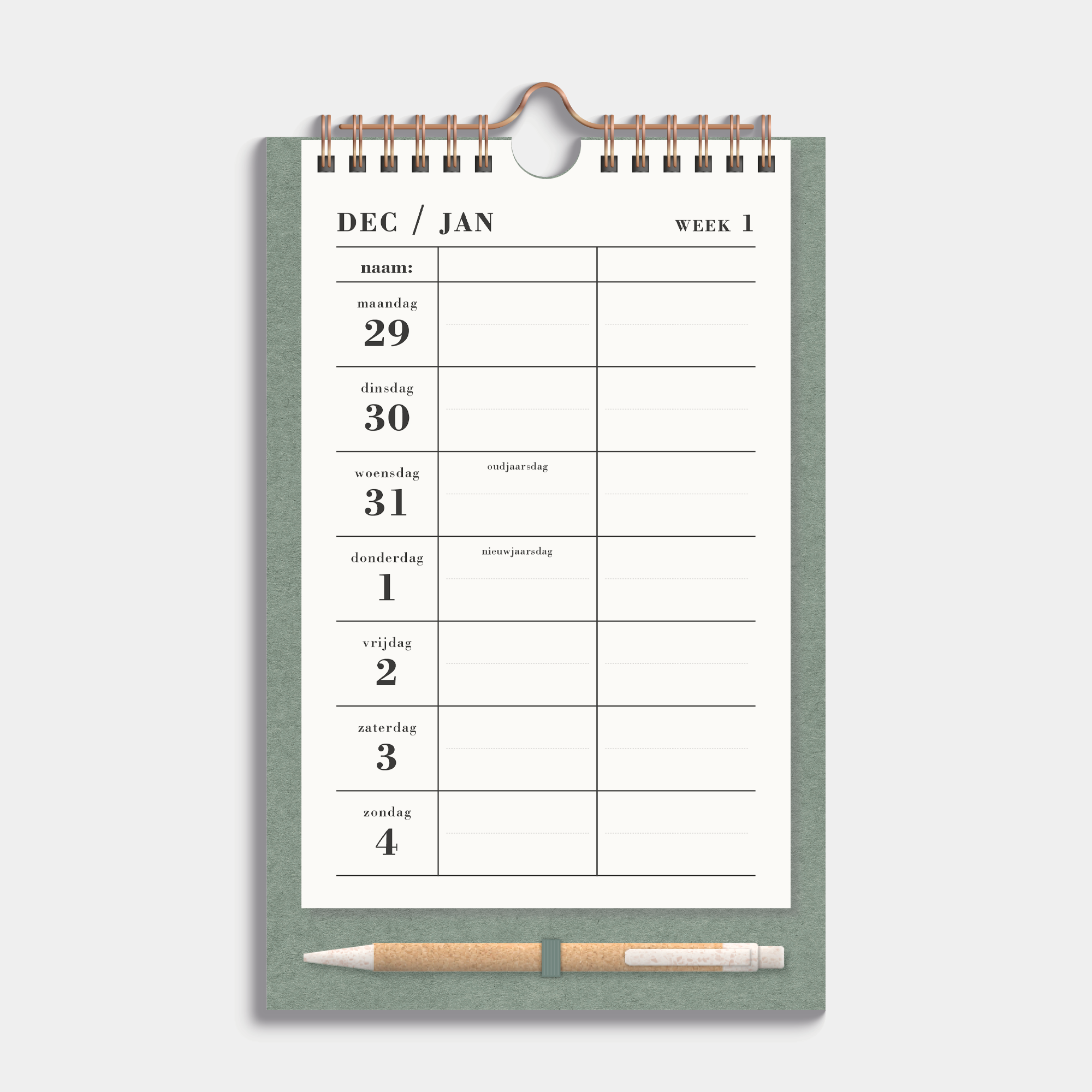 Duoplanner 2026 A5 met een groen kartonnen bord met pen – weekoverzicht.