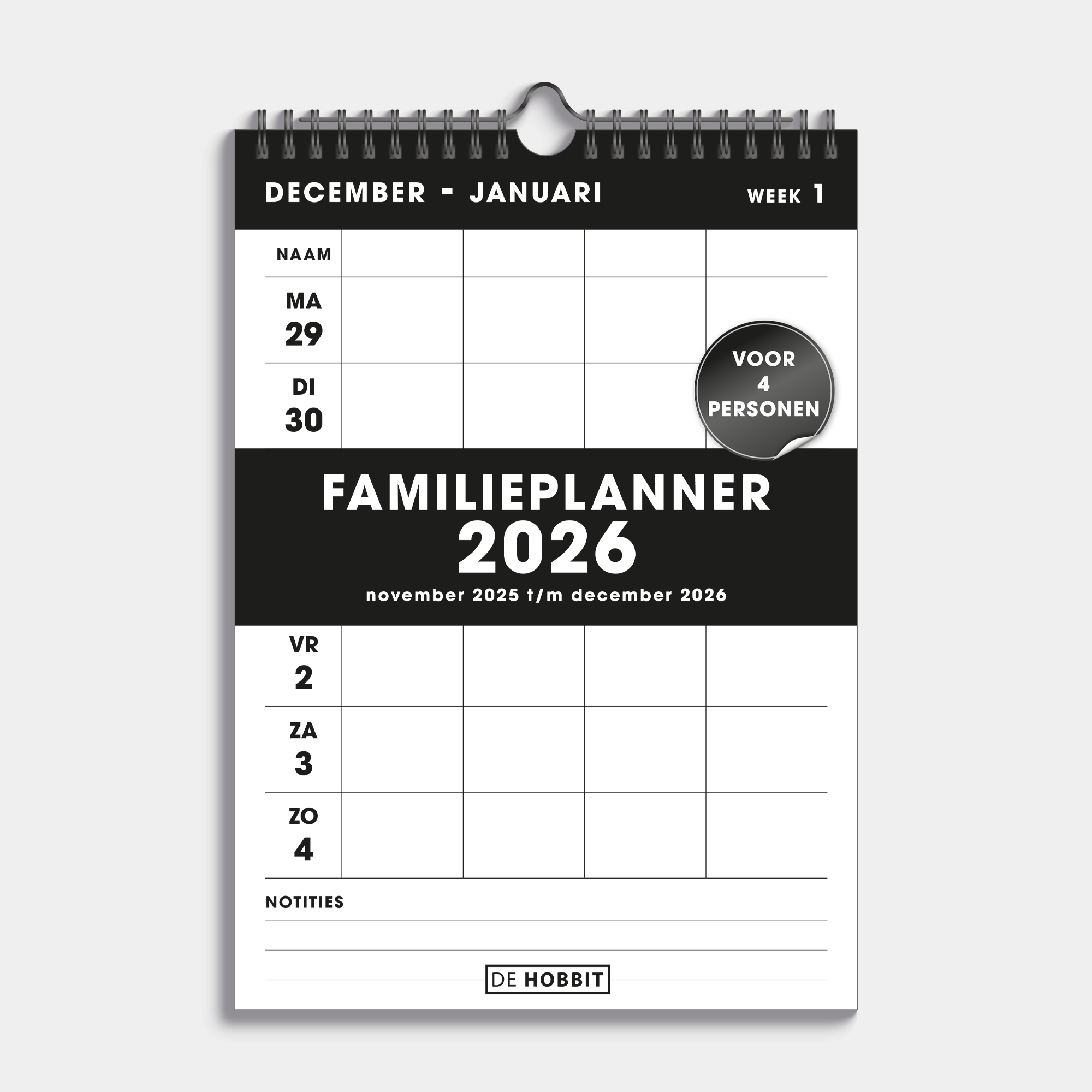 Familieplanner 2026 in A4 formaat uitgevoerd in basic zwart en wit, gebonden in een zwarte metalen spiraal  met hanger – voor 4 personen – vooraanzicht met voorblad.