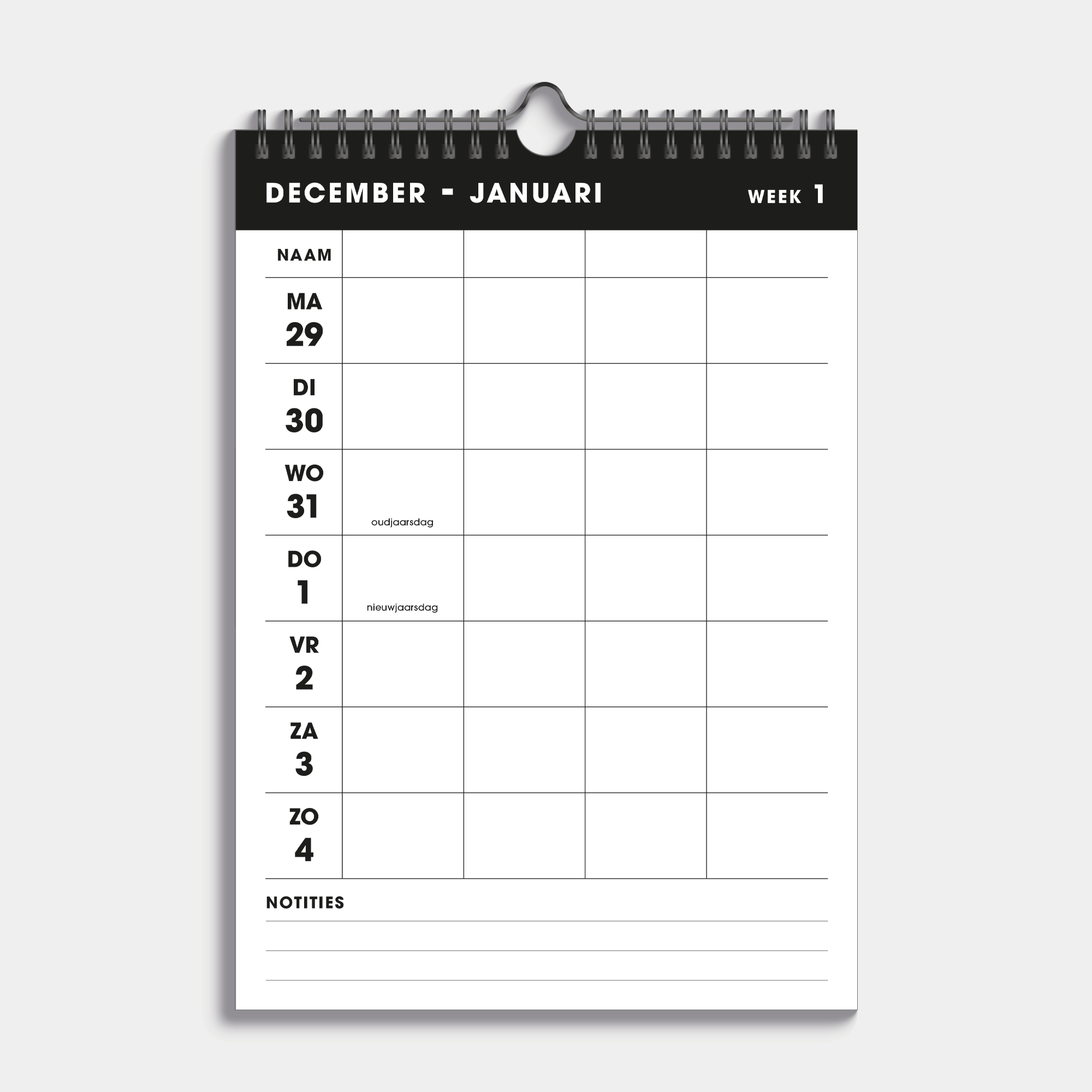 Familieplanner 2026 in A4 uitgevoerd in basic zwart en wit, gebonden in een zwarte metalen spiraal met hanger – voor 4 personen – binnenwerk met weekoverzicht.