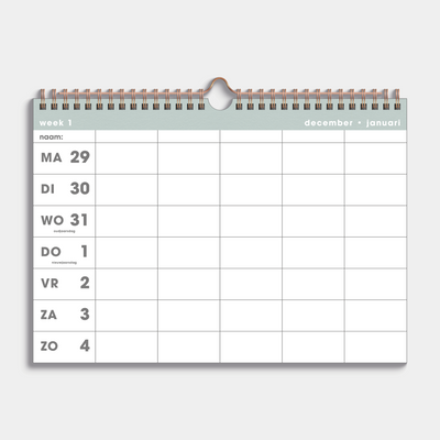 Familieplanner 2026 in A4 met grijsgroene accenten – binnenwerk met weekoverzicht