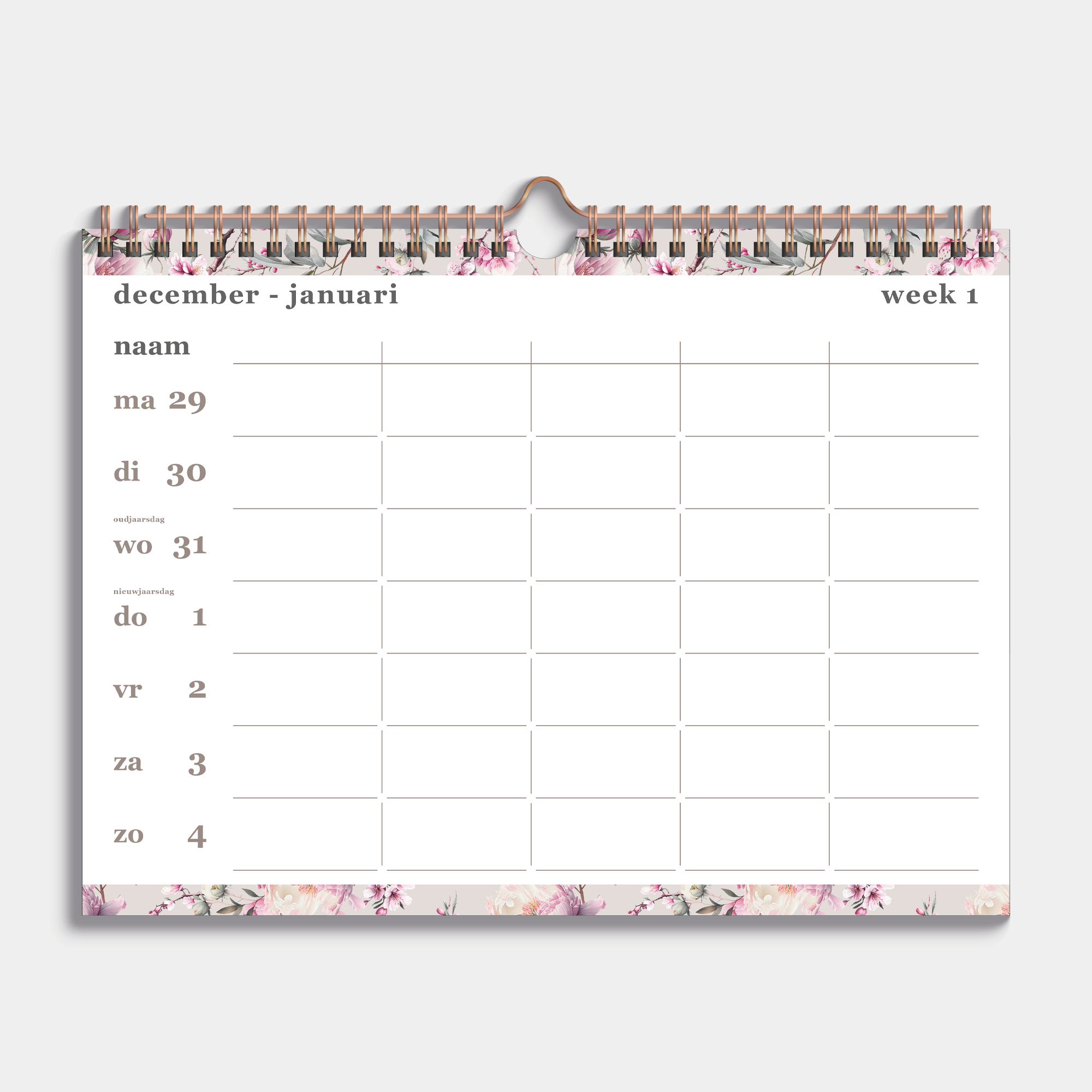 Familieplanner 2026 in A4 formaat met kersenbloesemprint en metalen spiraal voor 5 personen – binnenwerk met weekoverzicht.