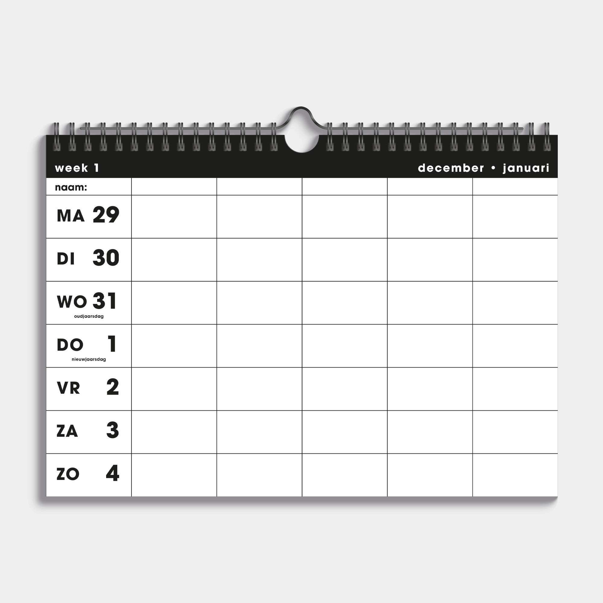 Familieplanner 2026 in A4 formaat uitgevoerd in basic zwart/wit met metalen spiraal, geschikt voor 5 personen – binnenwerk met weekoverzicht.