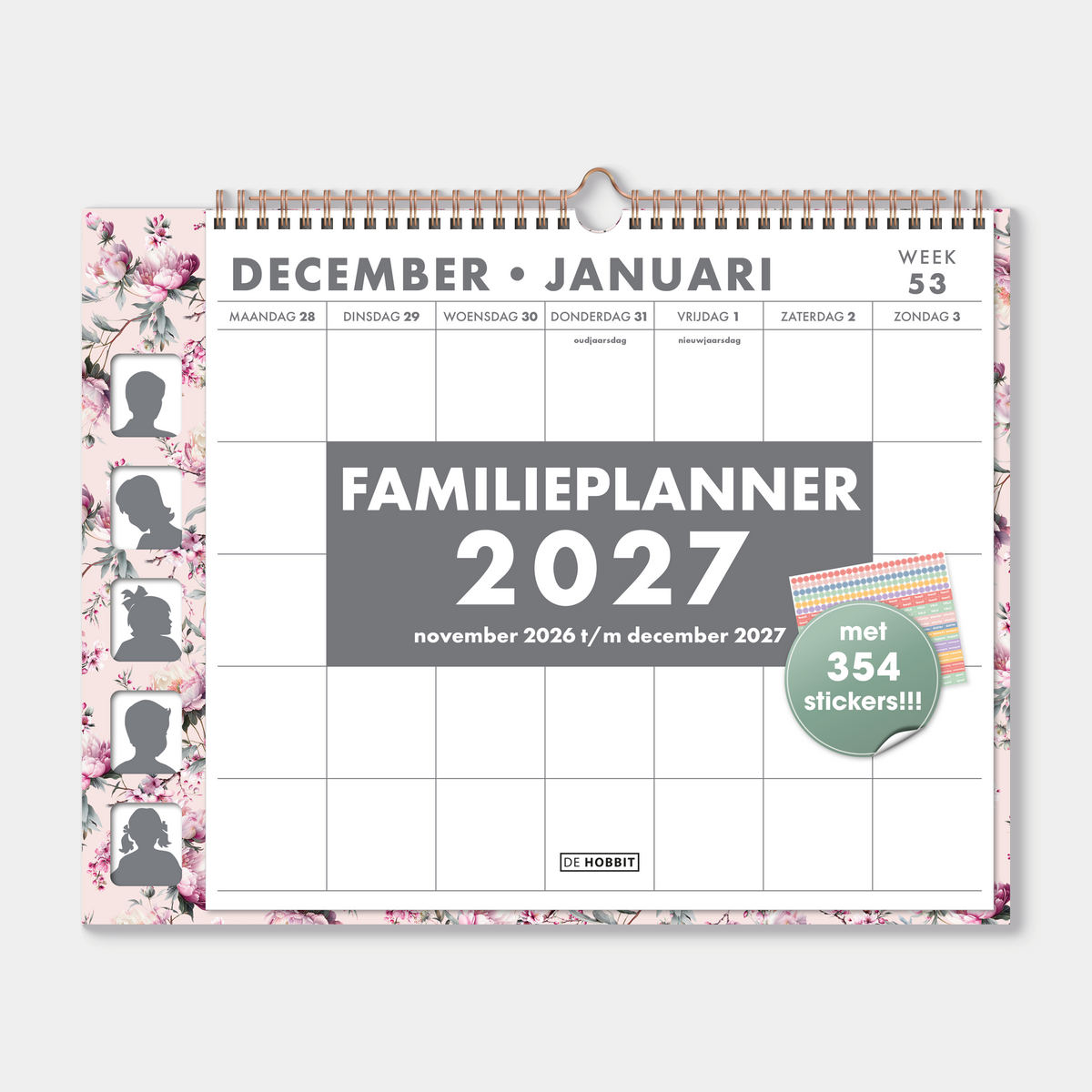 Familieplanner 2027 met kersenbloesem print, voor 5 personen, met ruimte voor pasfoto's en een stickervel – vooraanzicht.
