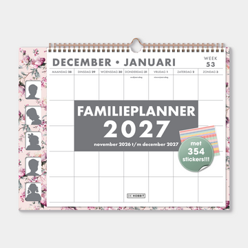 Familieplanner 2027 met kersenbloesem print, voor 5 personen, met ruimte voor pasfoto's en een stickervel – vooraanzicht.