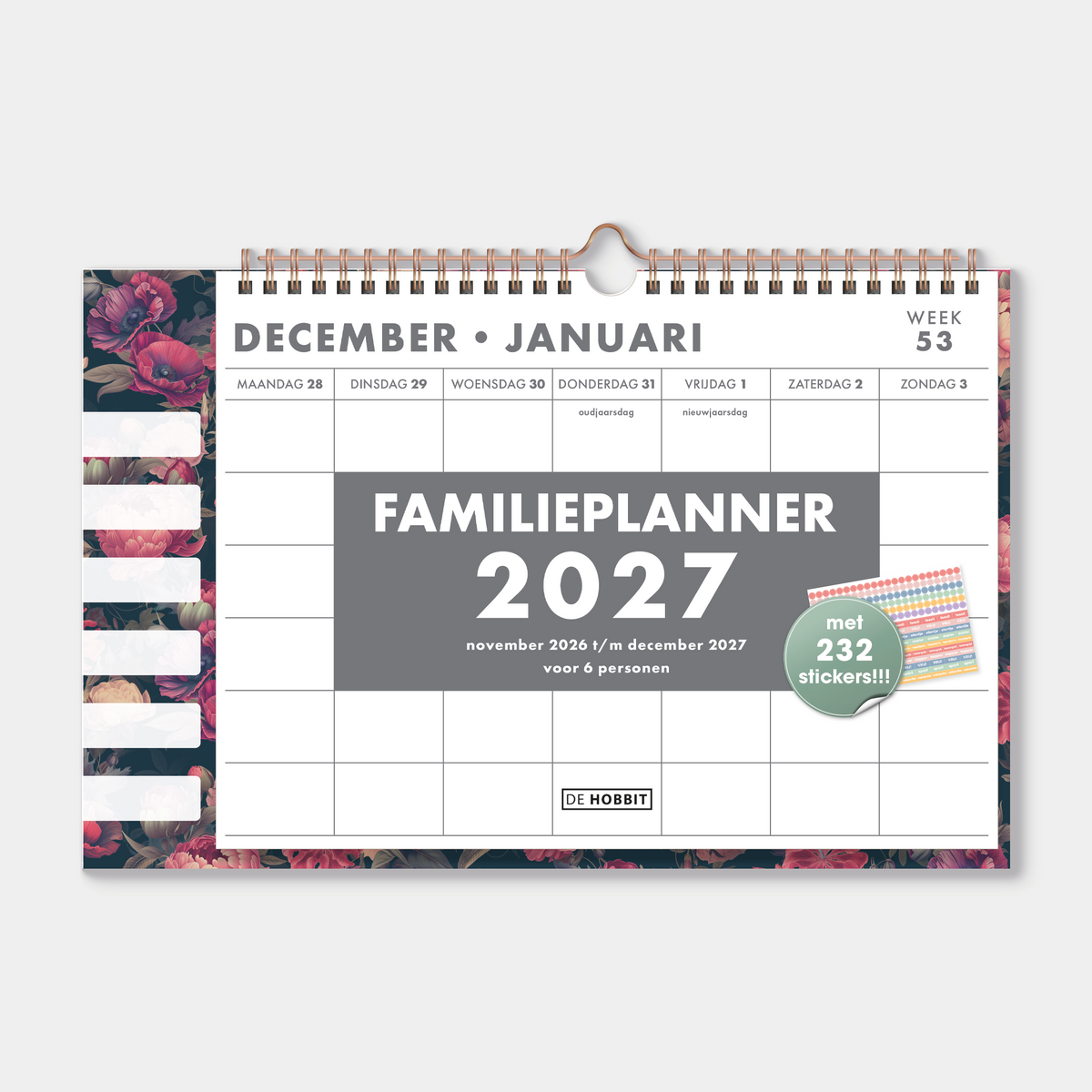 Familieplanner 2027 voor 6 personen met een print van klassieke rode rozen, met stickervel – vooraanzicht.