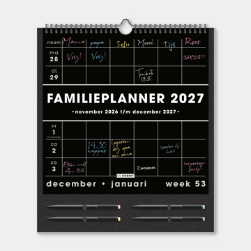 Familieplanner 2027 A3 voor 6 personen met zwart papier en 4 gekleurde markers – vooraanzicht.