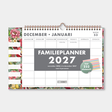 Familieplanner 2027 voor 6 personen met een tropische print van fruit en grote bloemen, met stickervel – vooraanzicht.