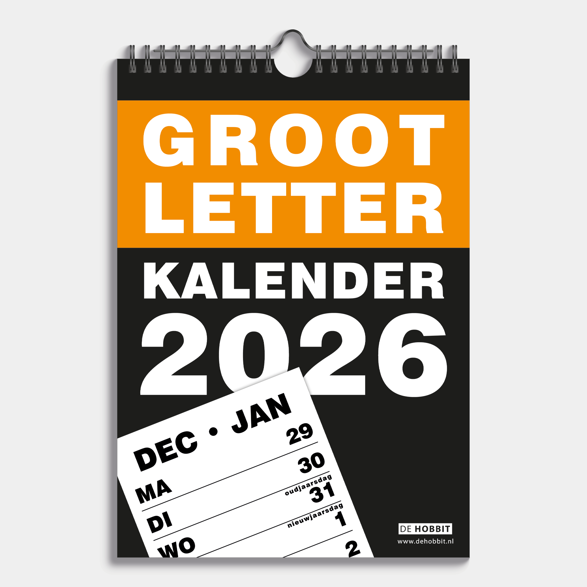 grootletter weekkalender 2026 in A4 formaat met extra grote letters en cijfers met metalen spiraal – vooraanzicht met voorblad.