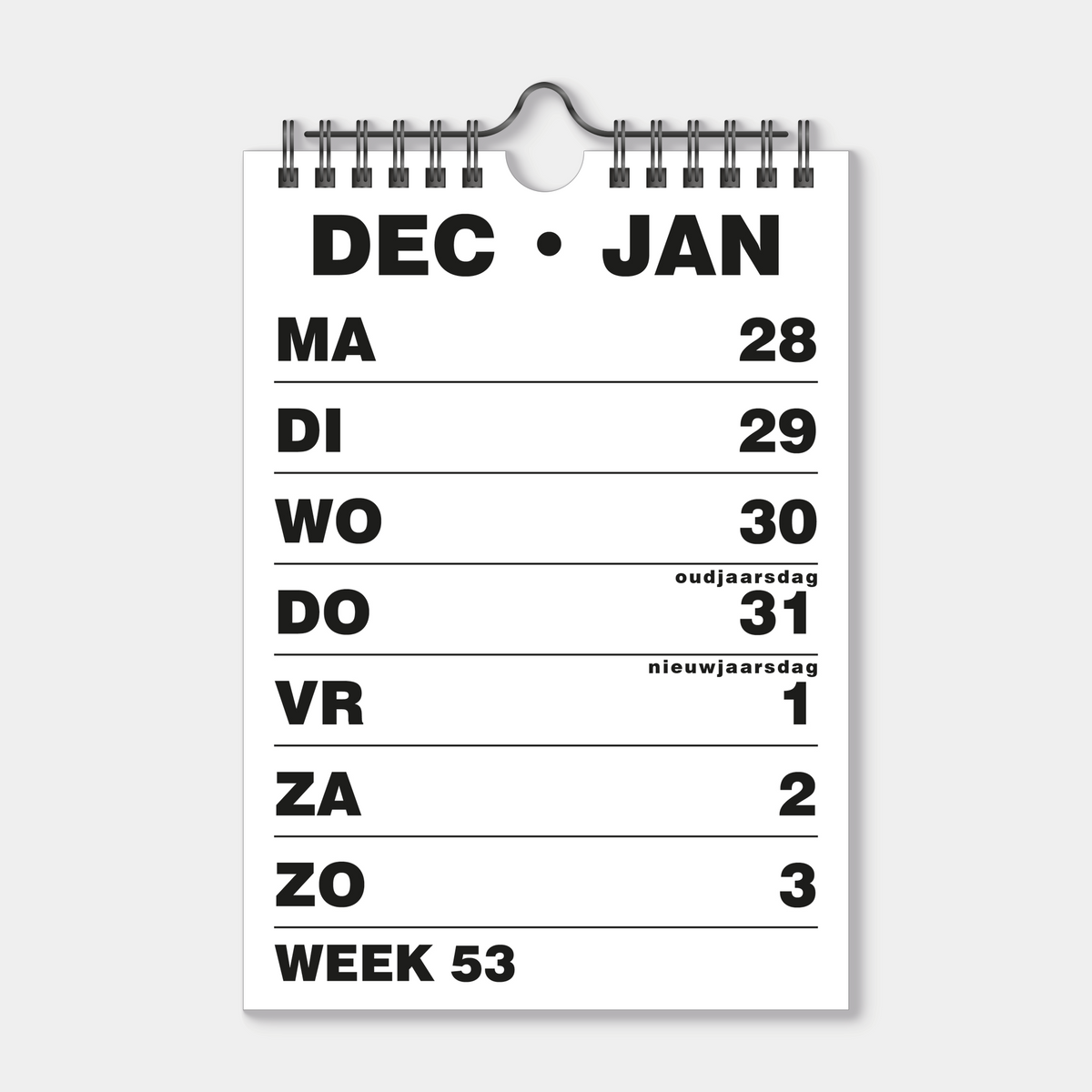 grootletter kalender 2027 met extra grote letters en cijfers, met metalen spiraal – binnenwerk met weekoverzicht.