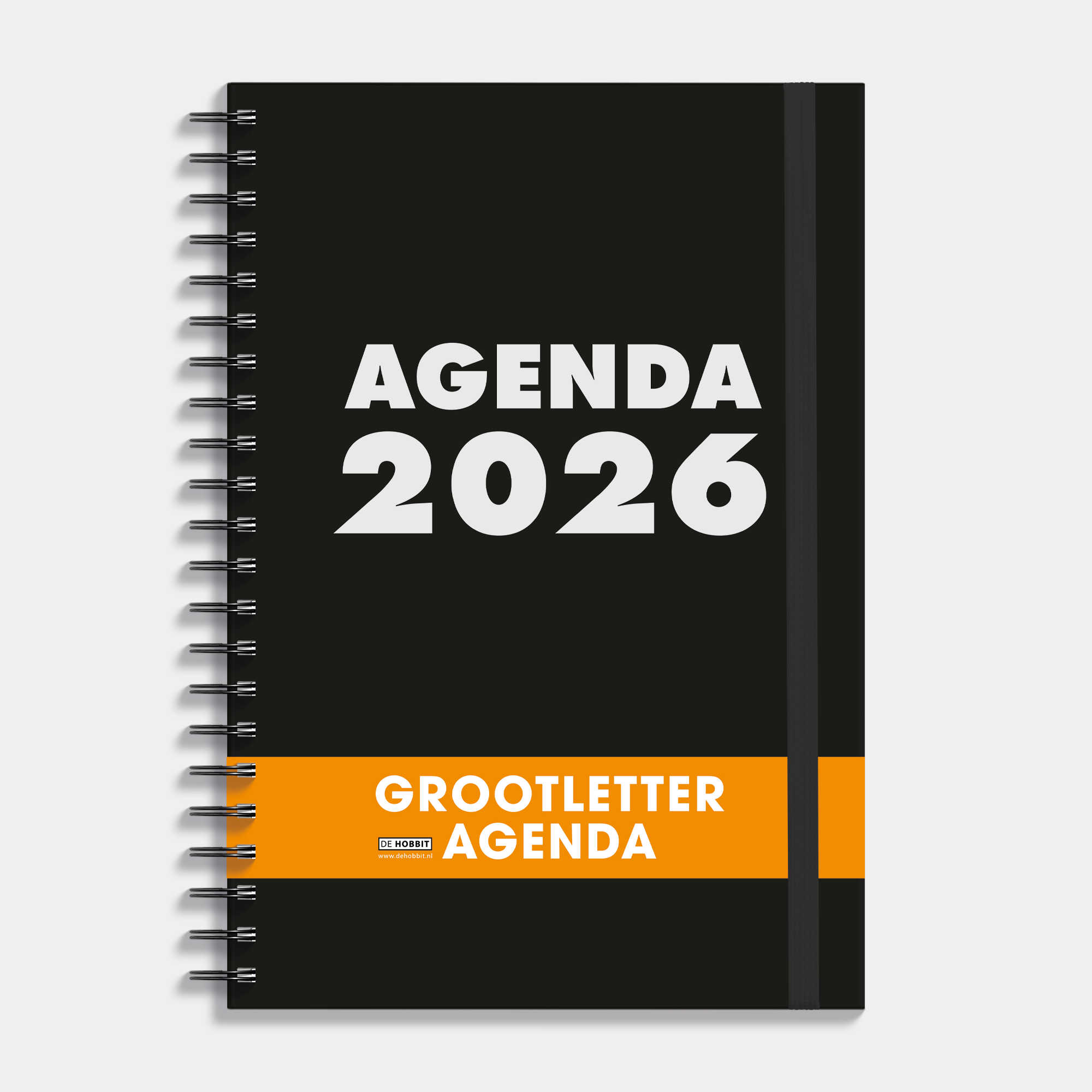 A4 ringband grootletter agenda 2026 met zwarte, harde cover – vooraanzicht met oranje banderol.