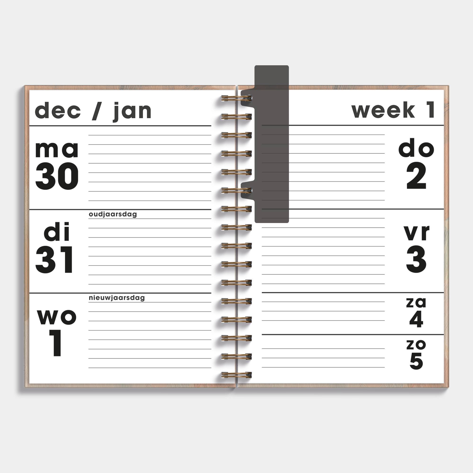 A5 ringband grootletter agenda 2026 met grijze en bruine verfstreken – binnenwerk met weekindeling.