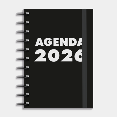 A6 ringband grootletter agenda 2026 met zwarte, harde cover – vooraanzicht.