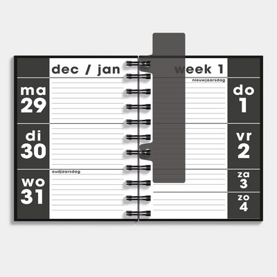 A6 ringband grootletter agenda 2026 met zwarte, harde cover – binnenwerk met weekoverzicht.