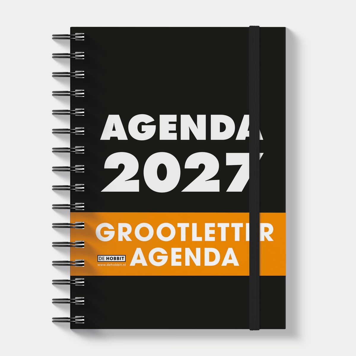 A5 ringband grootletter agenda 2027 met zwarte, harde cover – vooraanzicht met oranje banderol.