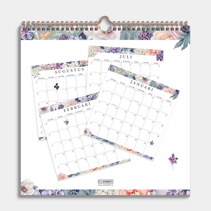 Spiraalgebonden jaarkalender 2026 met print van hortensia's – achteraanzicht.