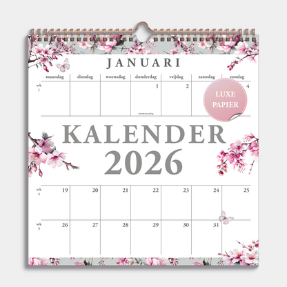 Spiraalgebonden jaarkalender 2026 met kersenbloesemprint op luxe papier – vooraanzicht.