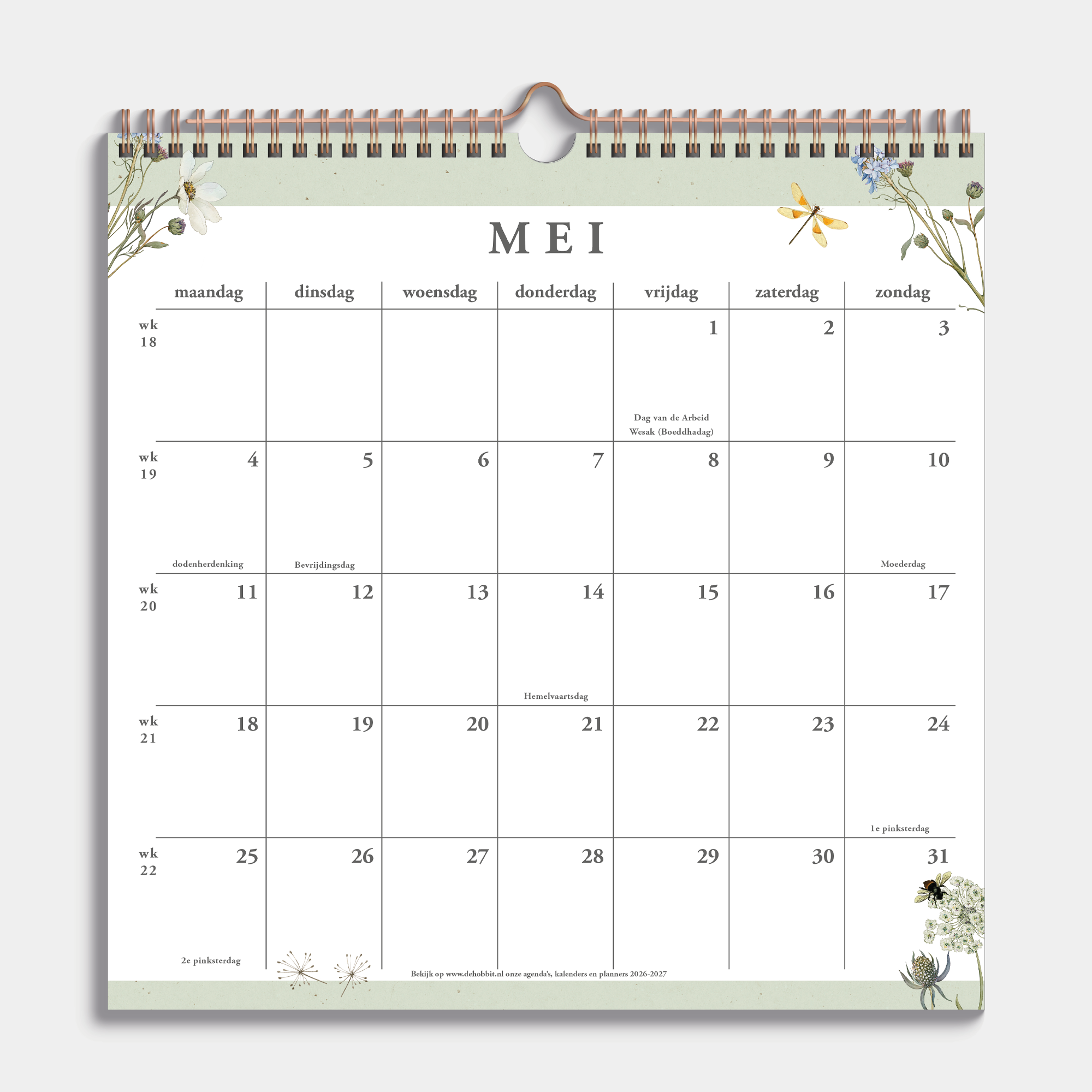 Spiraalgebonden jaarkalender 2026 met weidebloemenprint – binnenwerk met maandoverzicht.