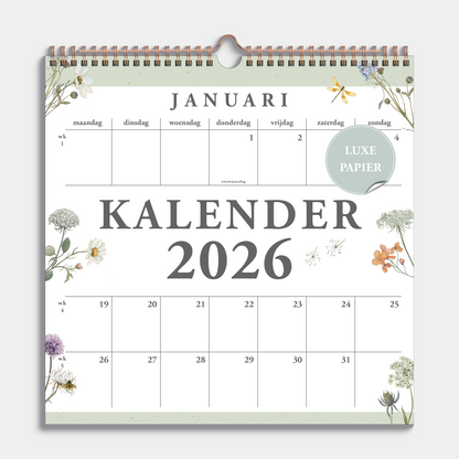 Spiraalgebonden jaarkalender 2026 met weidebloemenprint op luxe papier – vooraanzicht.