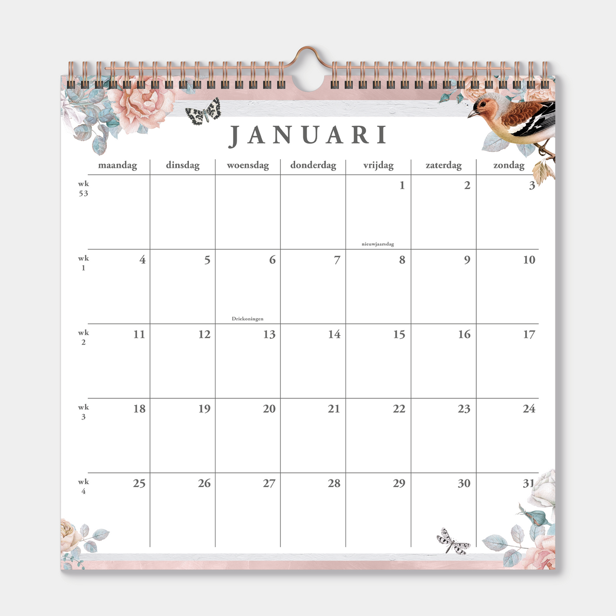 Spiraalgebonden jaarkalender 2027 met brocante print – binnenwerk met maandoverzicht.